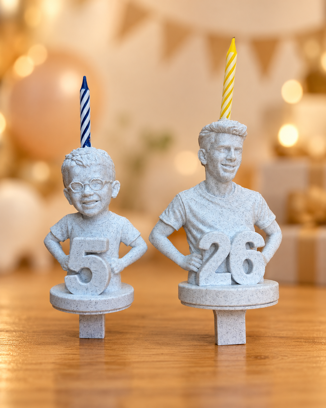 Figuras de cumpleaños personalizadas BRET3D con números 5 y 26 en imagen ambientada